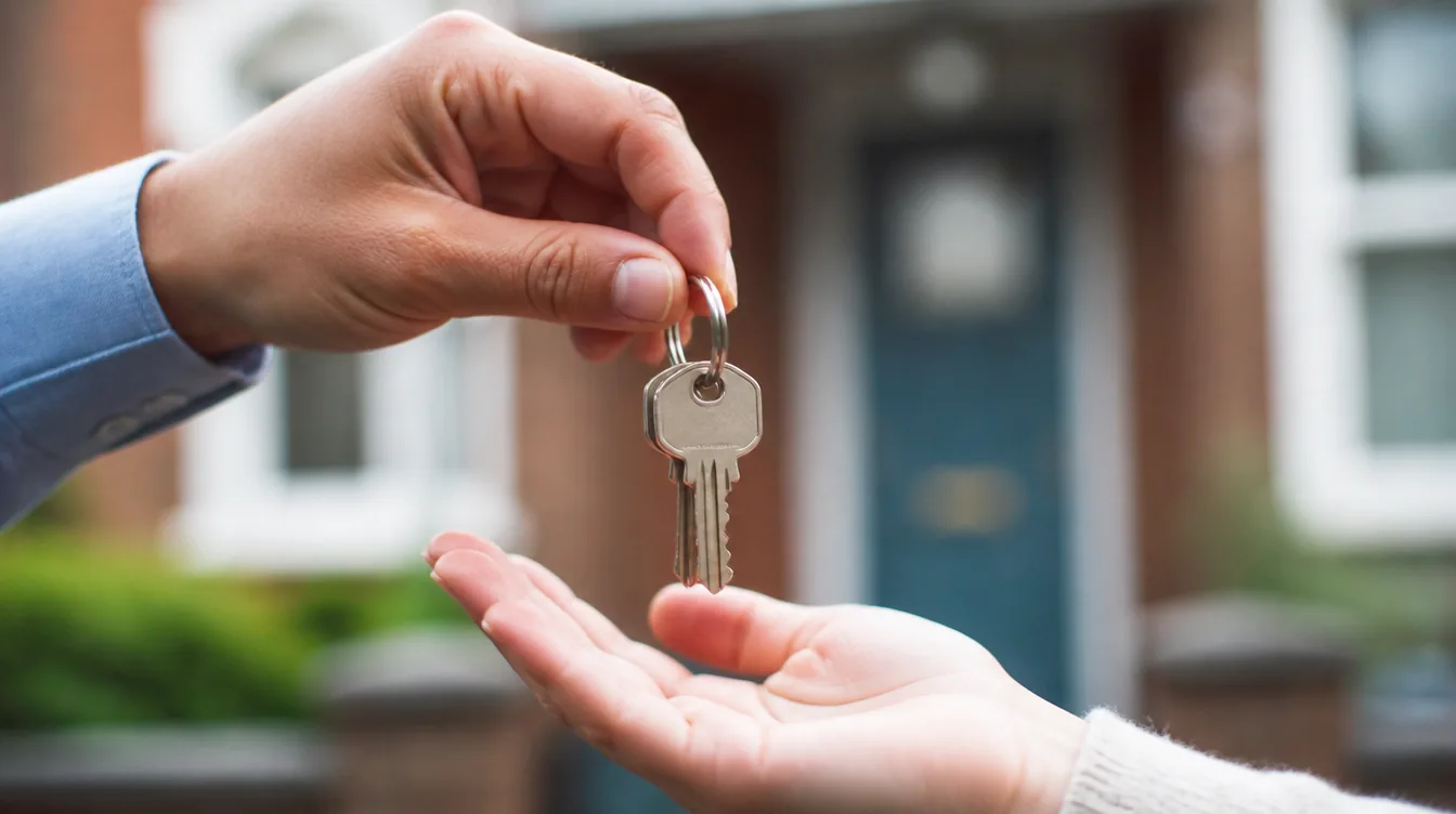 First-time buyer collecting house keys after conveyancing completion