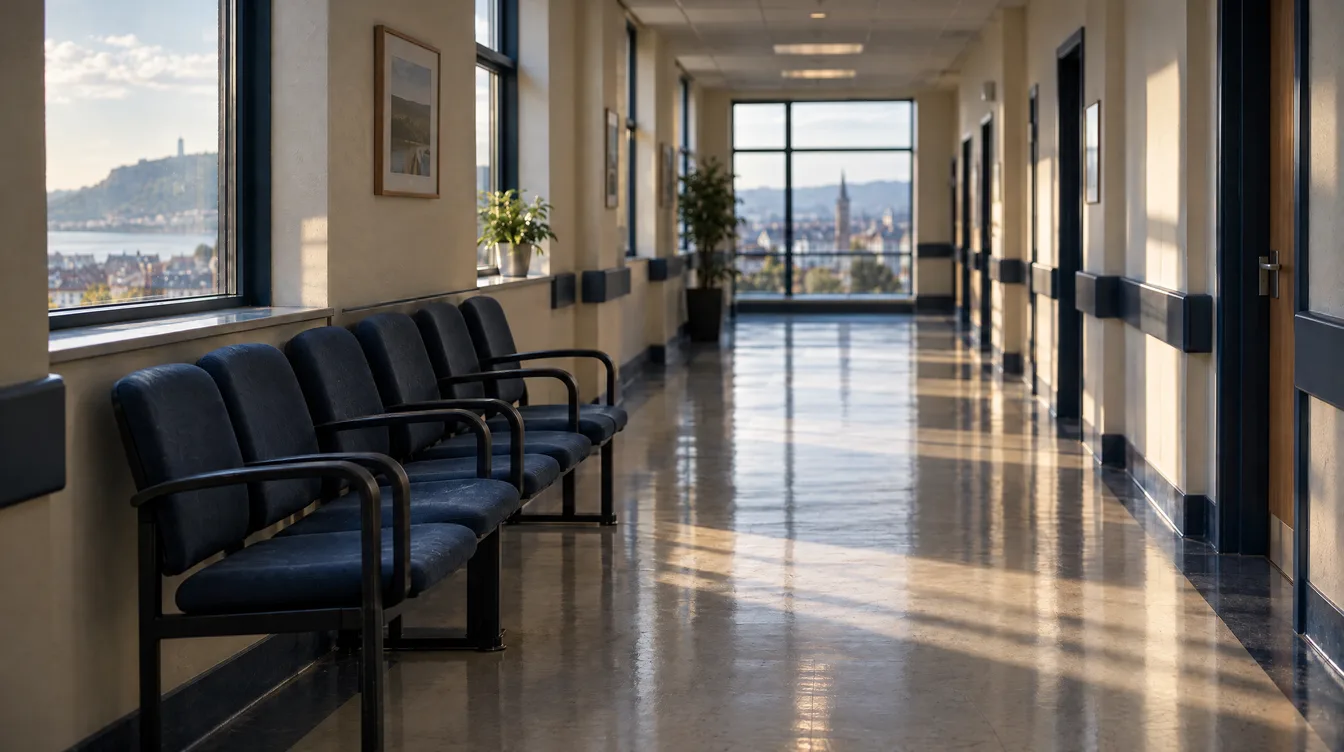 Quiet hospital corridor with a row of empty chairs in soft afternoon light