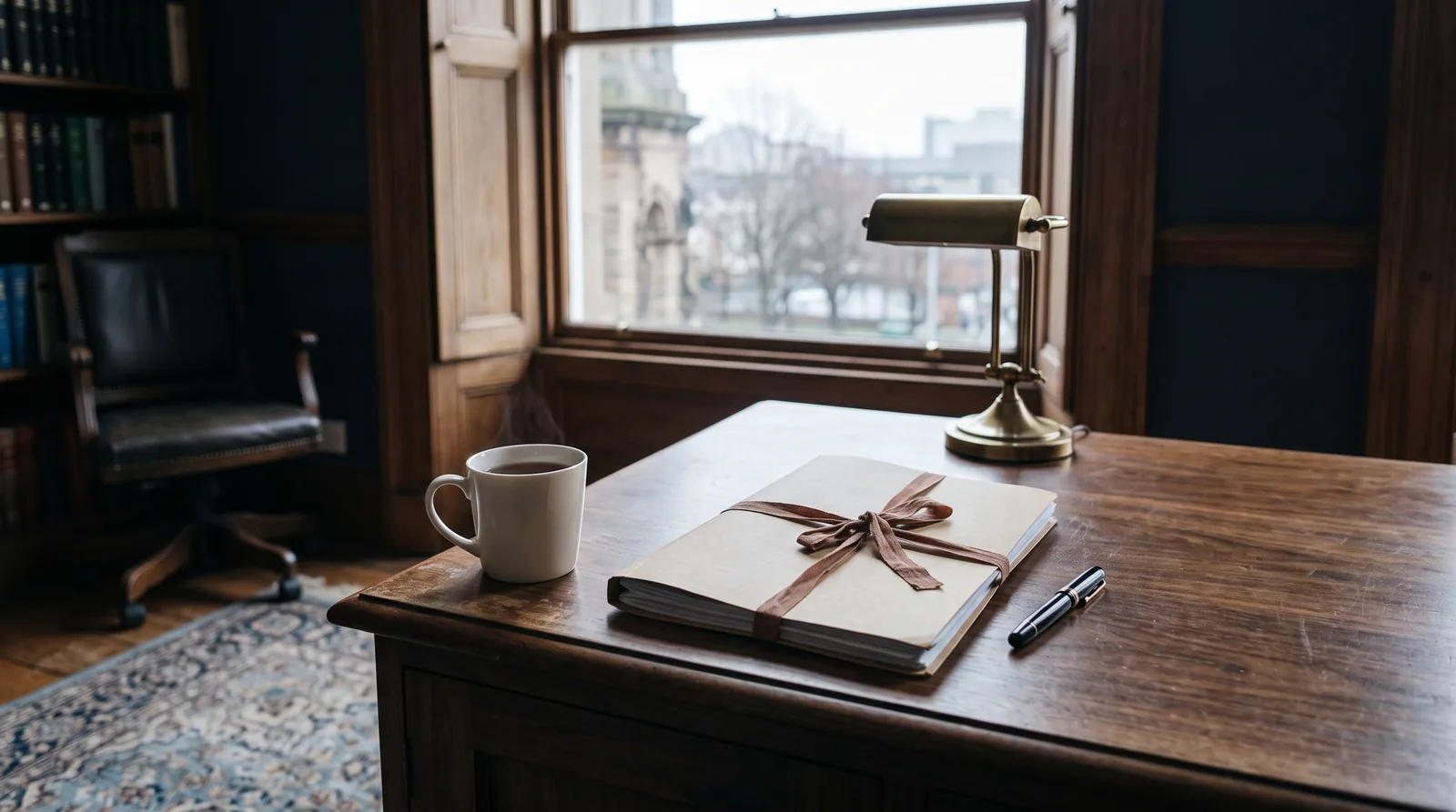 Bound estate papers tied with ribbon on a solicitor's desk beside a brass reading lamp